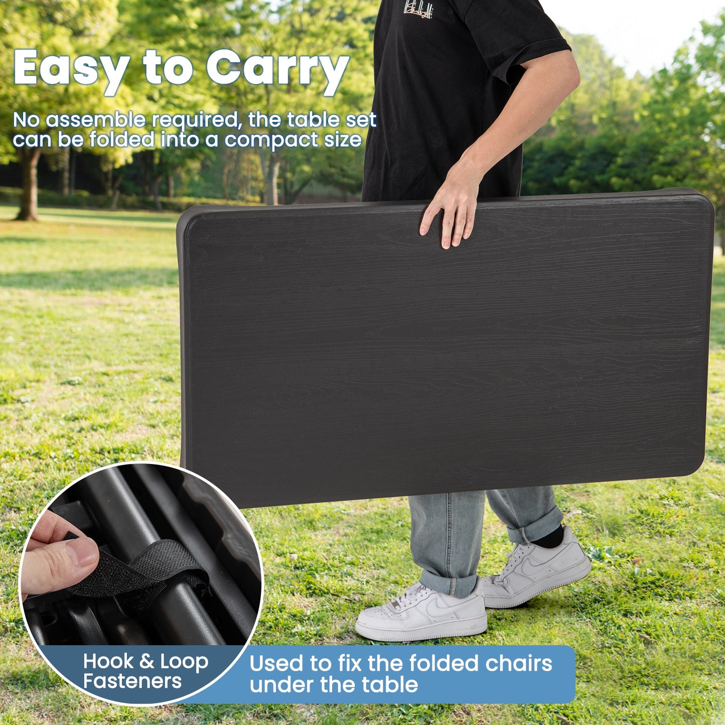 Outdoor Folding Table Bench Set w All-Weather HDPE Tabletop and Sturdy Metal Frame, Black Patio Dining Sets at Gallery Canada