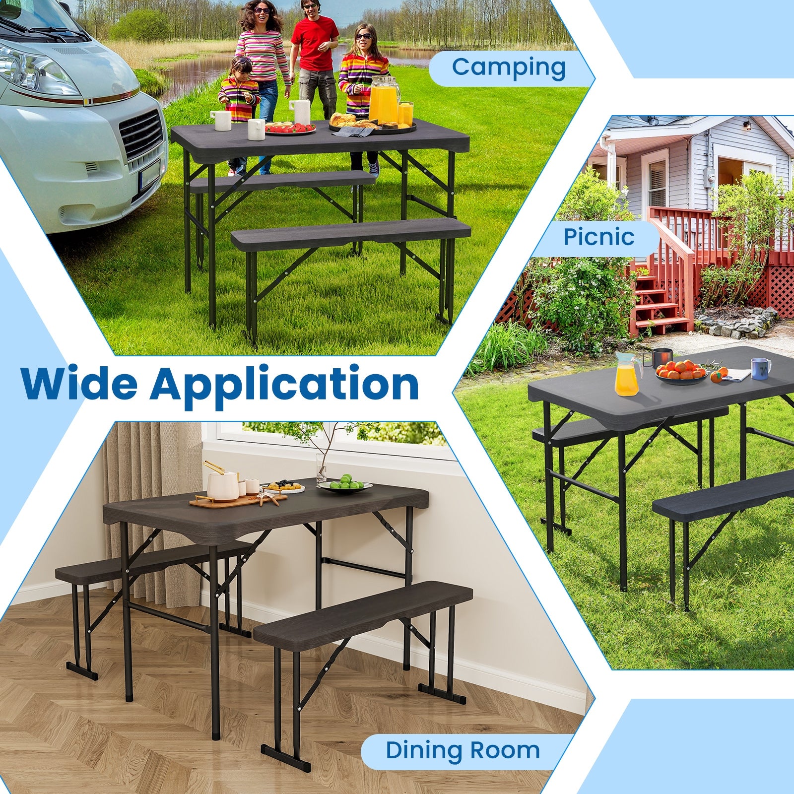 Outdoor Folding Table Bench Set w All-Weather HDPE Tabletop and Sturdy Metal Frame, Black Patio Dining Sets at Gallery Canada