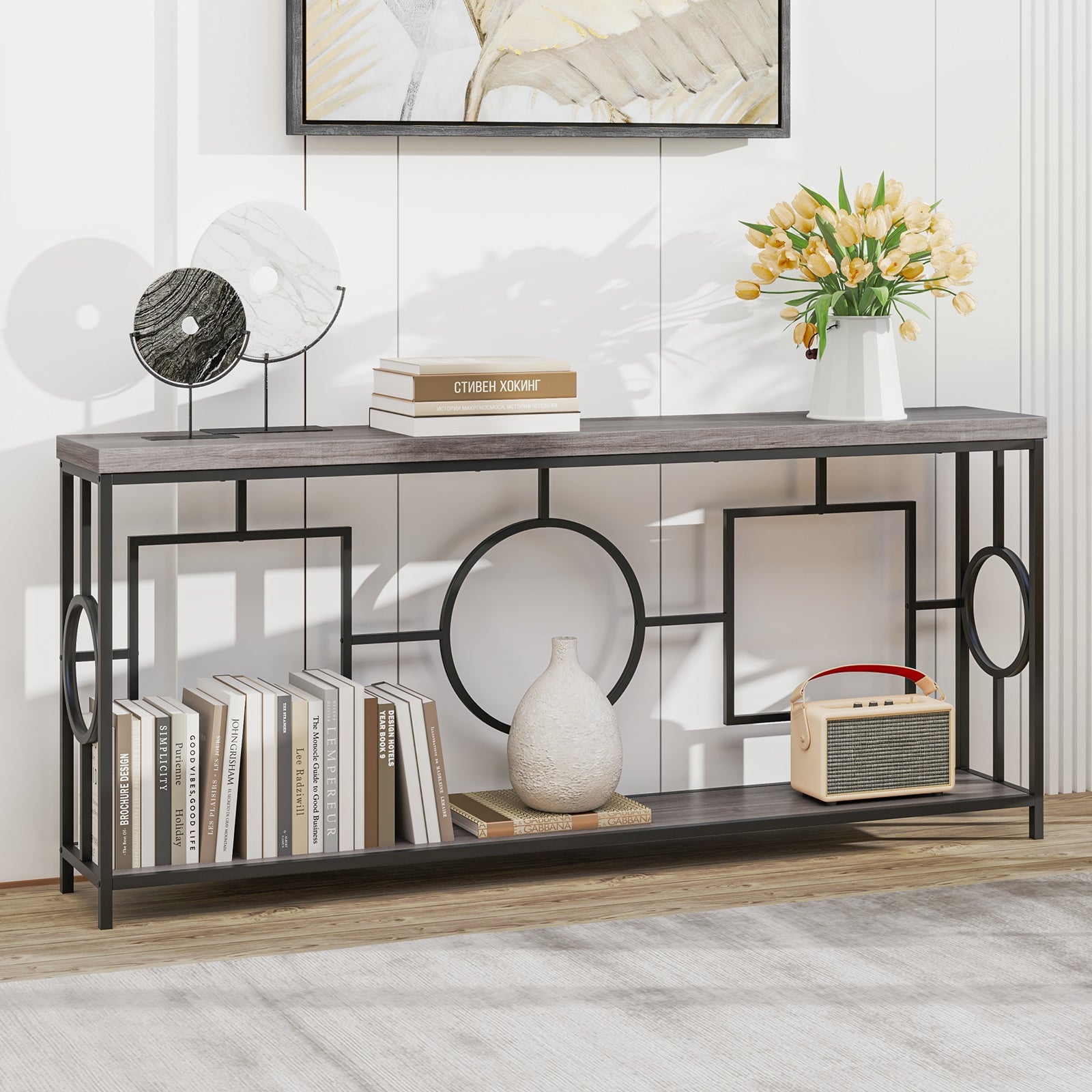 2-Tier Faux Marble Console Table, Storage Shelf, Rustic Brown Entertainment Centers & TV Stands at Gallery Canada