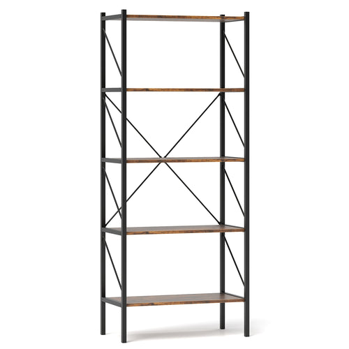 5-Tier Bookshelf with Open Shelves and Heavy Duty Metal Frame, Rustic Brown