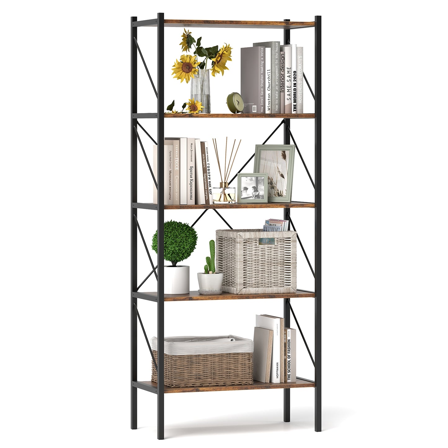 5-Tier Bookshelf with Open Shelves and Heavy Duty Metal Frame, Rustic Brown Bookcases at Gallery Canada