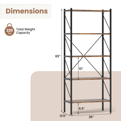 5-Tier Bookshelf with Open Shelves and Heavy Duty Metal Frame, Rustic Brown Bookcases at Gallery Canada