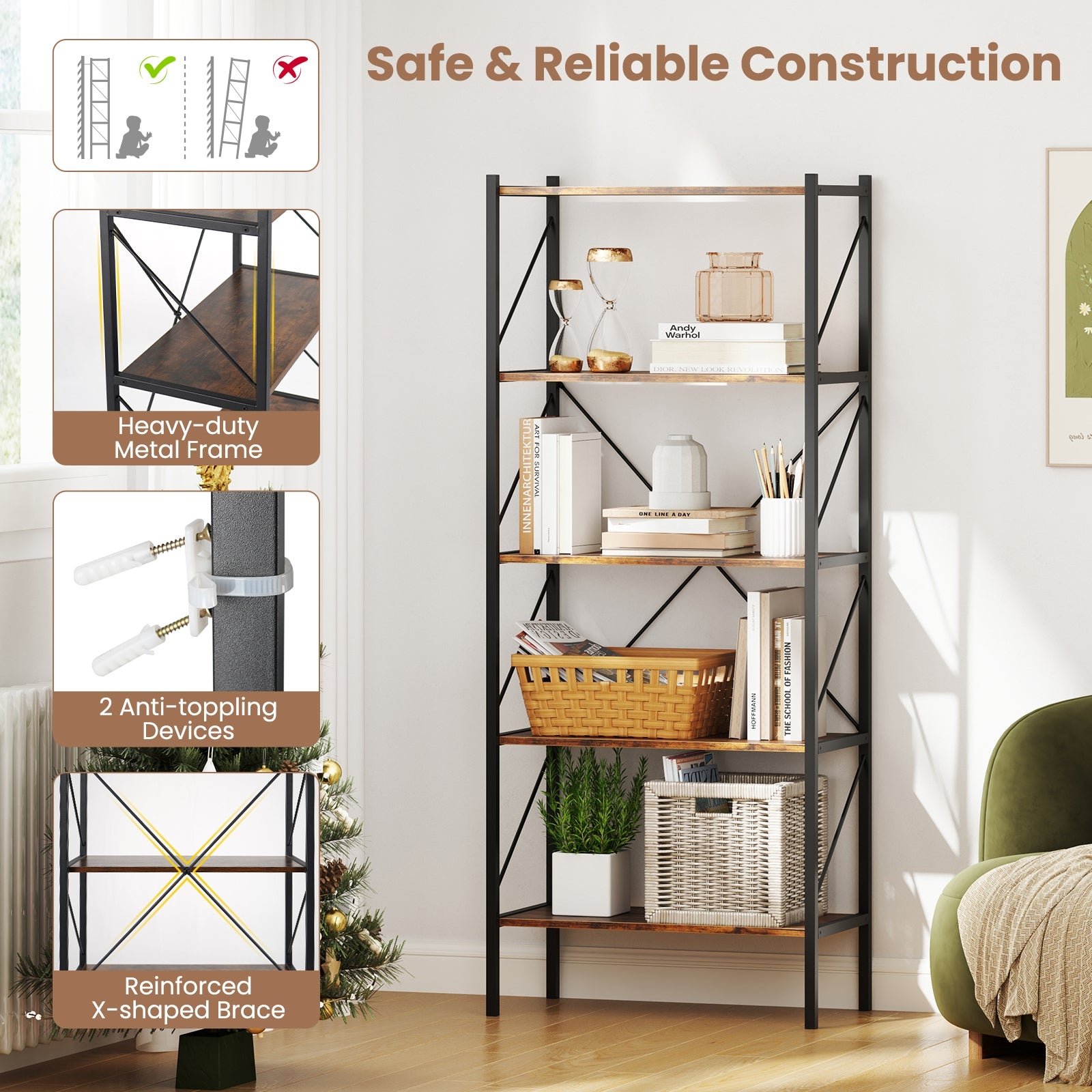 5-Tier Bookshelf with Open Shelves and Heavy Duty Metal Frame, Rustic Brown Bookcases at Gallery Canada
