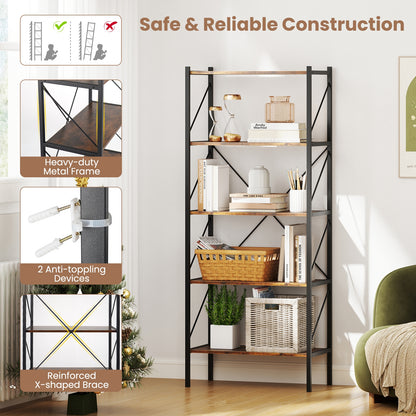 5-Tier Bookshelf with Open Shelves and Heavy Duty Metal Frame, Rustic Brown Bookcases at Gallery Canada
