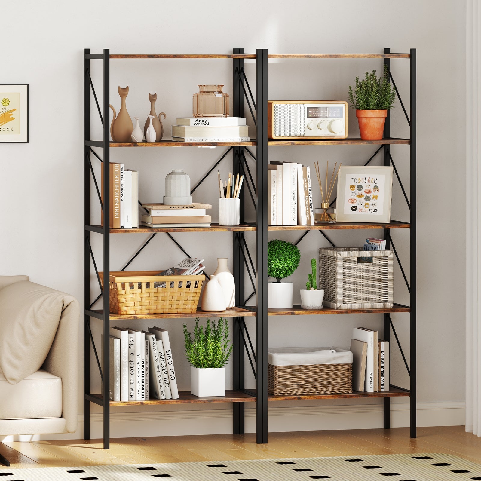 5-Tier Bookshelf with Open Shelves and Heavy Duty Metal Frame, Rustic Brown Bookcases at Gallery Canada