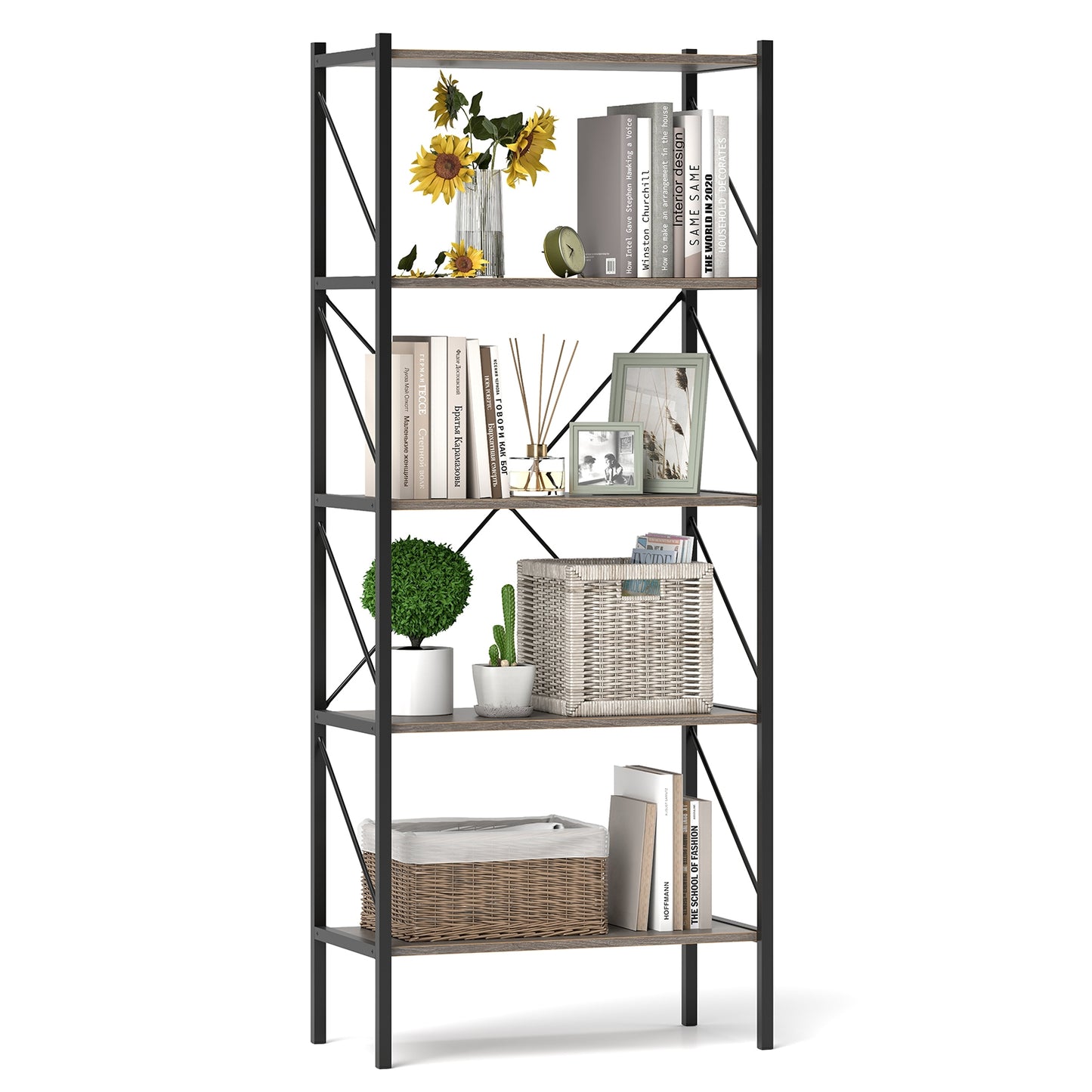 5-Tier Bookshelf with Open Shelves and Heavy Duty Metal Frame, Gray Bookcases at Gallery Canada