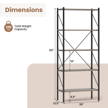 5-Tier Bookshelf with Open Shelves and Heavy Duty Metal Frame, Gray Bookcases at Gallery Canada
