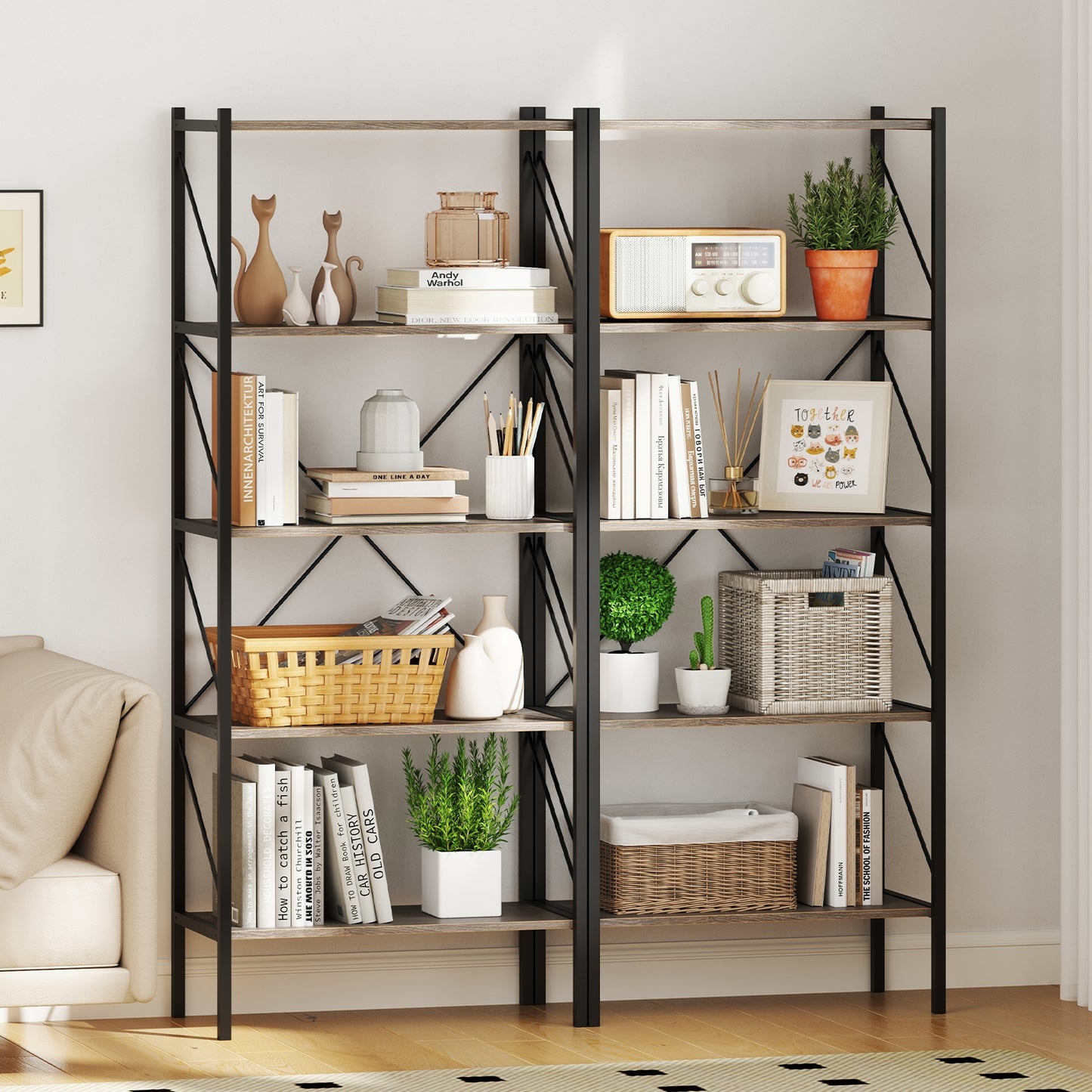 5-Tier Bookshelf with Open Shelves and Heavy Duty Metal Frame, Gray Bookcases at Gallery Canada