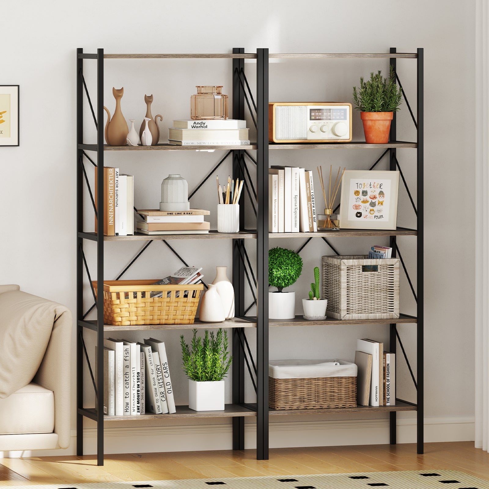5-Tier Bookshelf with Open Shelves and Heavy Duty Metal Frame, Gray Bookcases at Gallery Canada