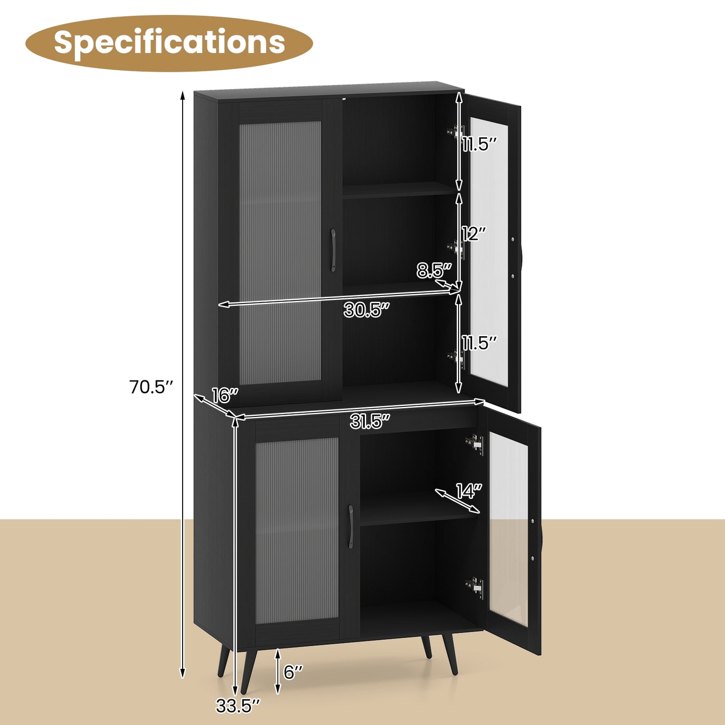 70.5 inch Tall Kitchen Pantry Cabinet Cupboard with 4 Transparent Doors, Black Sideboards Cabinets & Buffets at Gallery Canada