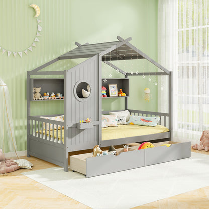 Twin Size House Bed with 2 Storage Drawers and Fence Guardrails, Gray Simple Bed Frame at Gallery Canada