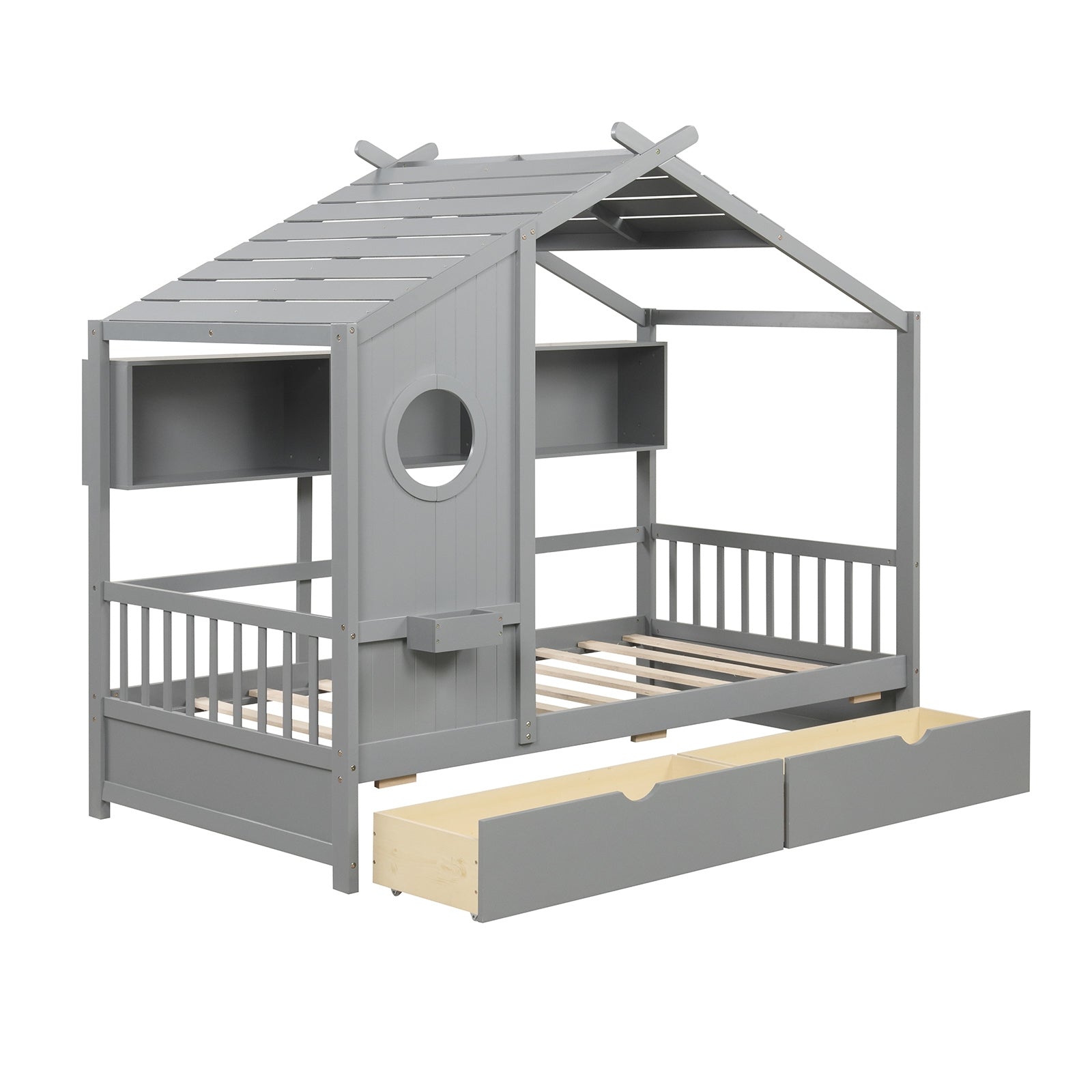 Twin Size House Bed, 2 Storage Drawers, Fence Guardrails, Gray Simple Bed Frame Gray at Gallery Canada