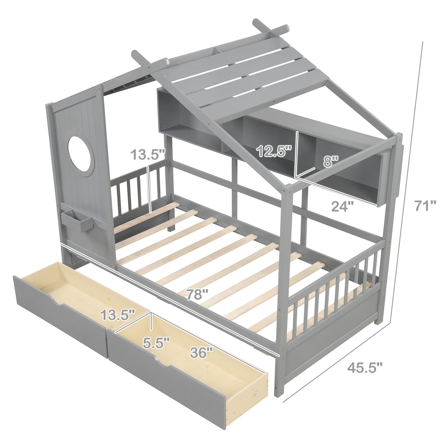 Twin Size House Bed with 2 Storage Drawers and Fence Guardrails, Gray Simple Bed Frame at Gallery Canada