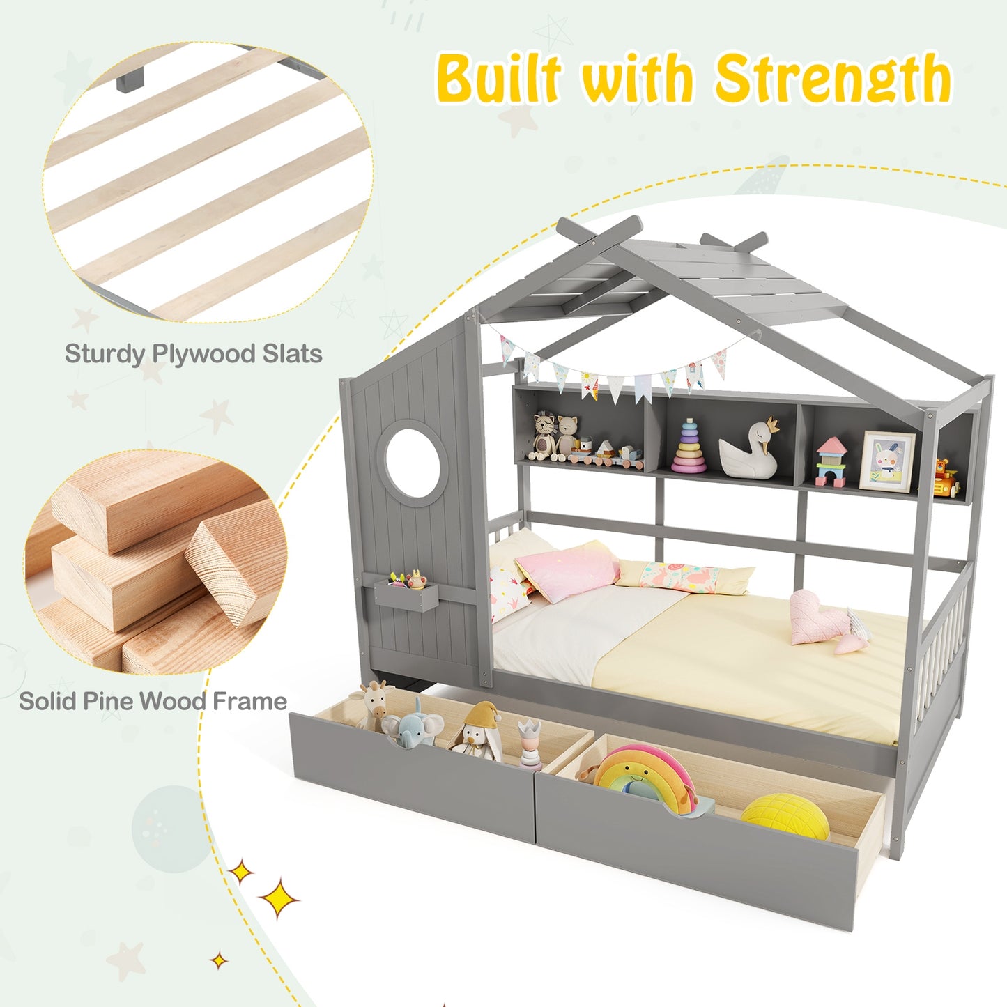 Twin Size House Bed with 2 Storage Drawers and Fence Guardrails, Gray Simple Bed Frame at Gallery Canada