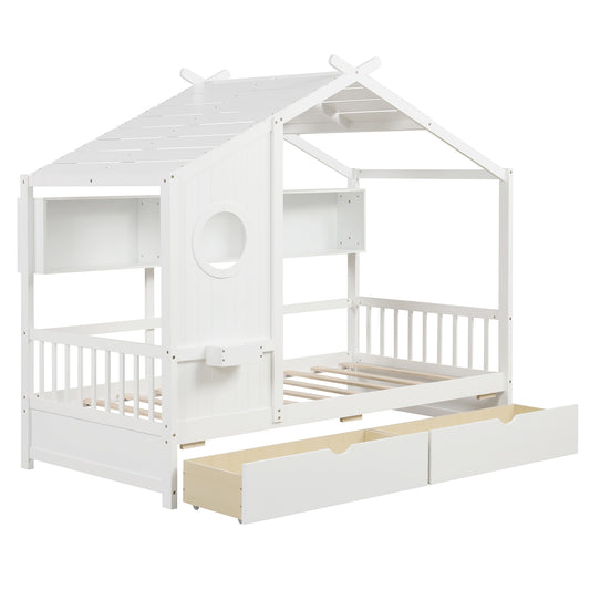 Twin Size House Bed with 2 Storage Drawers and Fence Guardrails, White Simple Bed Frame White at Gallery Canada