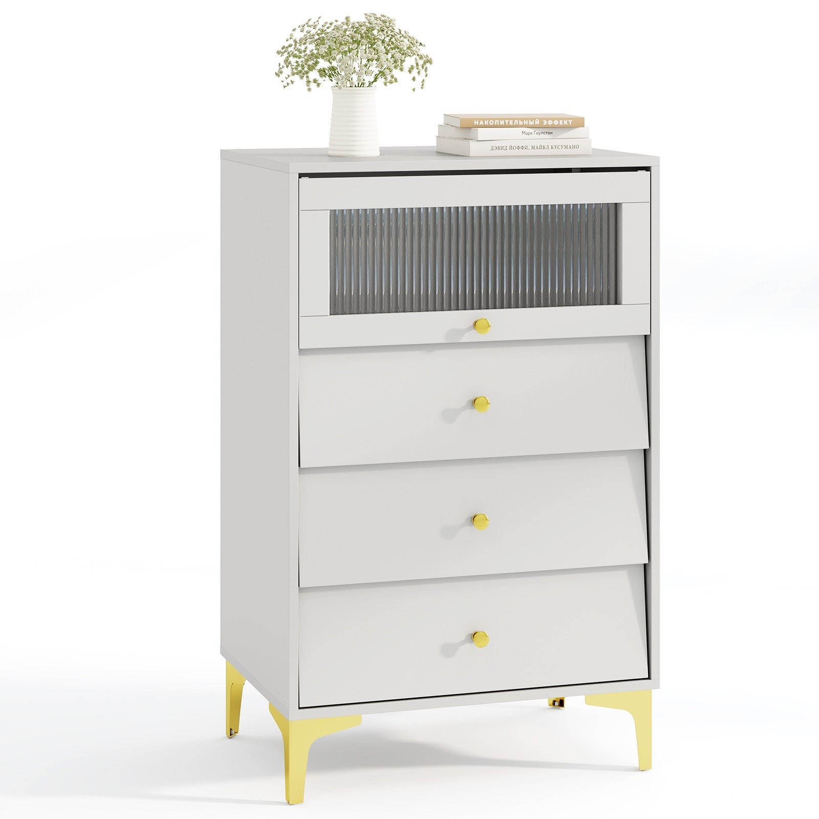 Modern Storage Cabinet, Flip Up Fluted Glass Door, Pull-Out Drawers, Gray Cabinets & Chests at Gallery Canada