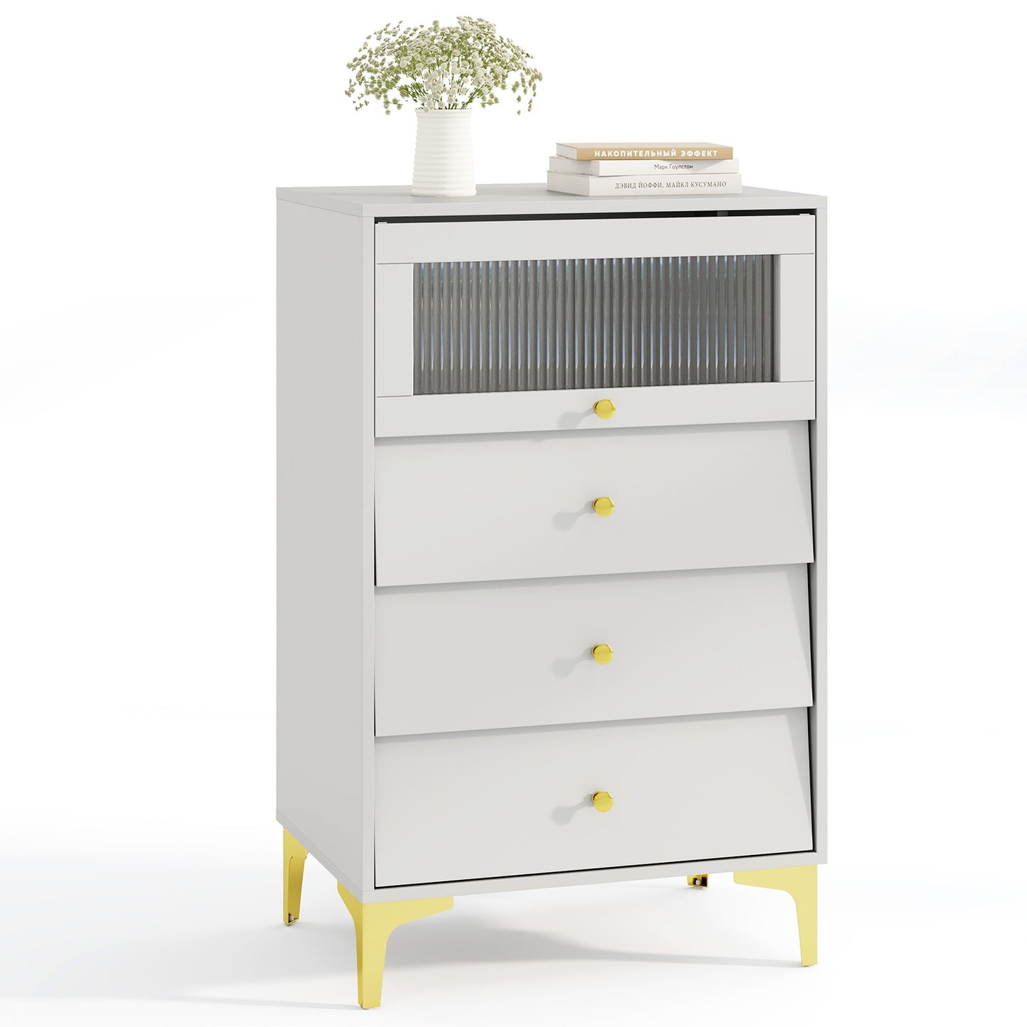 Modern Storage Cabinet with Flip Up Fluted Glass Door and Pull-out Drawers, Gray Cabinets & Chests at Gallery Canada