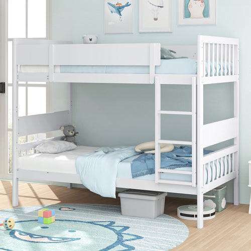 Twin Over Twin Bunk Bed with Ladder and Full-length Guardrails, White