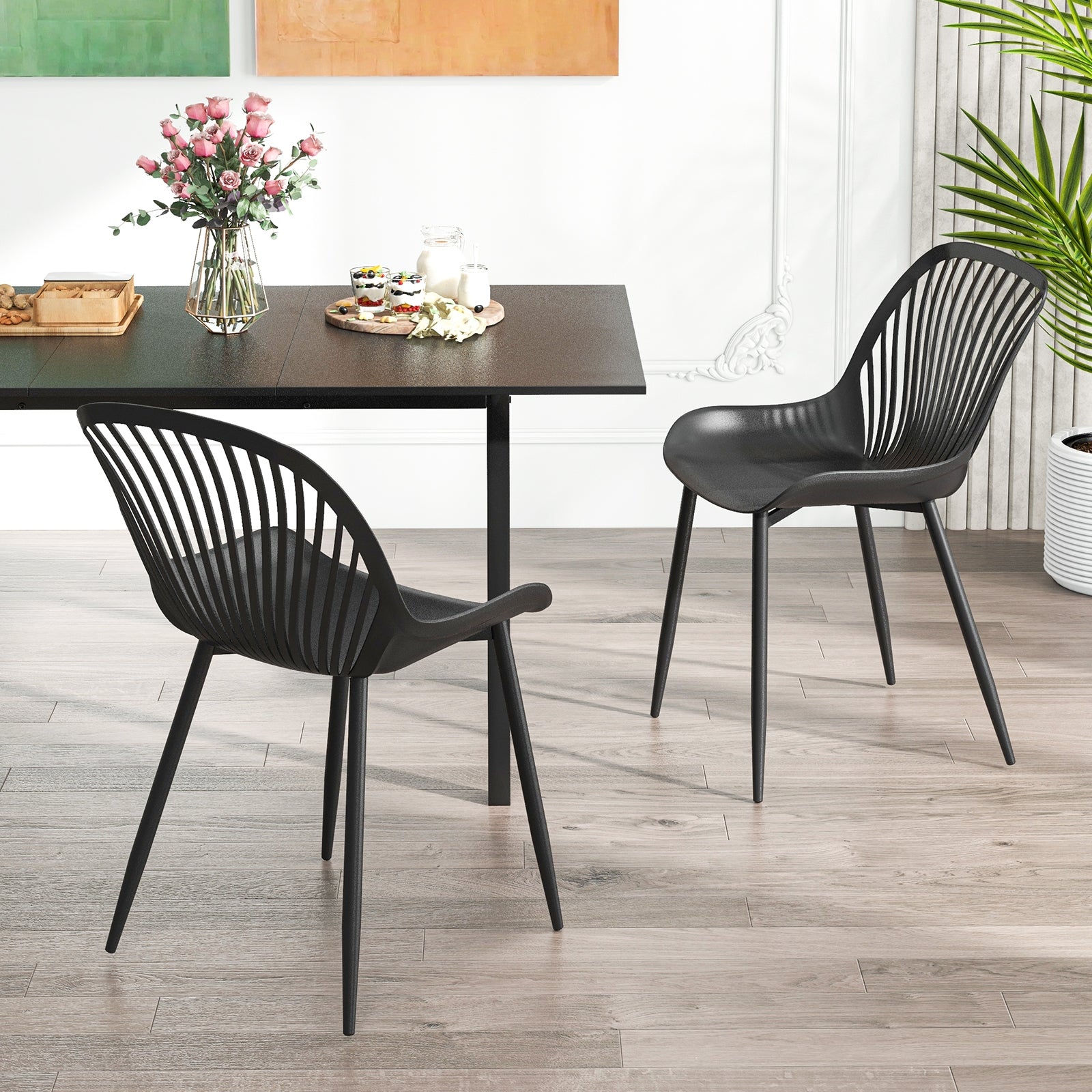 Modern Kitchen Chairs with Metal Legs Cutout Backrest Curved Seat for Dining Room Home Office, Black Dining Chairs at Gallery Canada