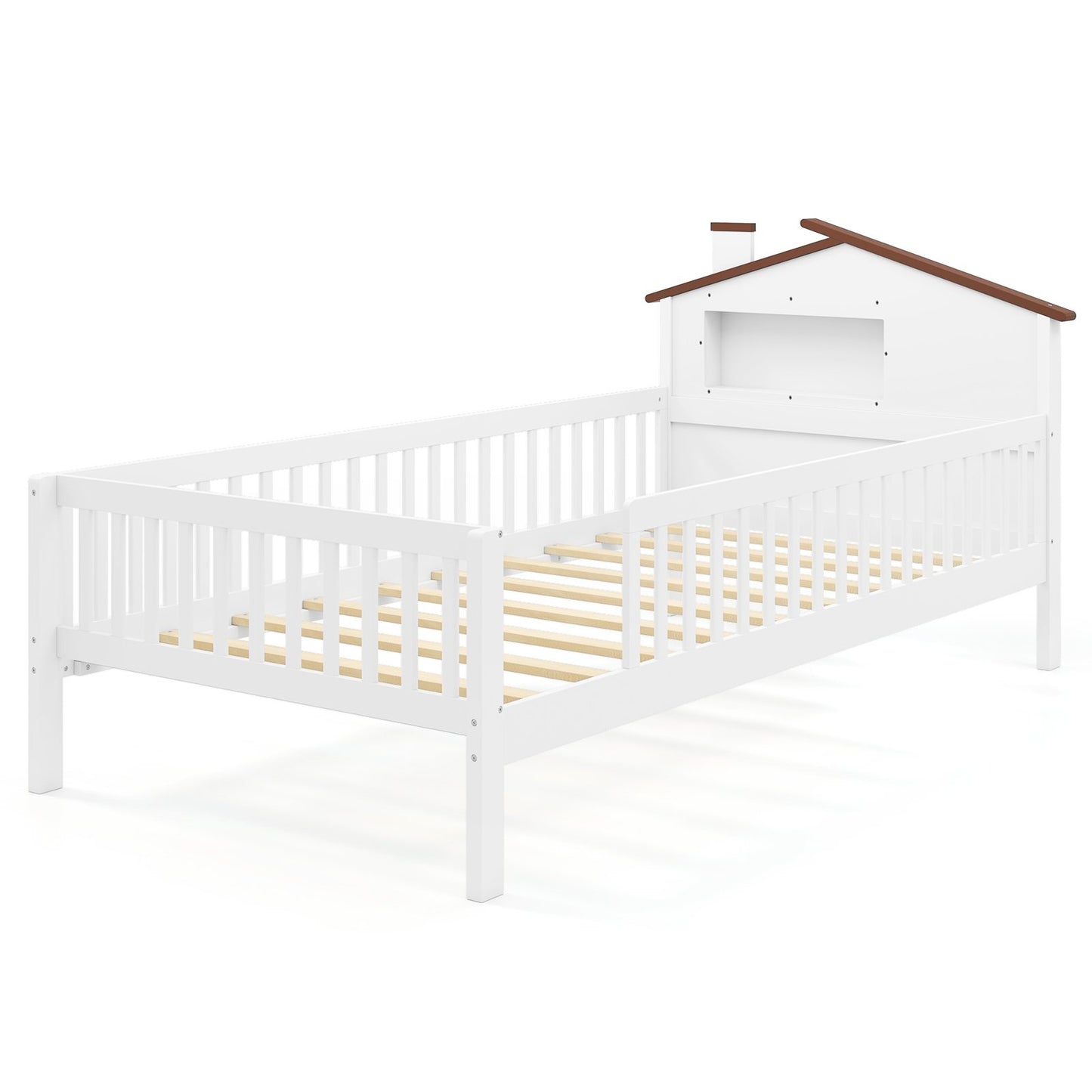 Twin Size Kids Montessori Bed with House-Shaped Headboard and Built-in Storage Shelf, White Simple Bed Frame White at Gallery Canada