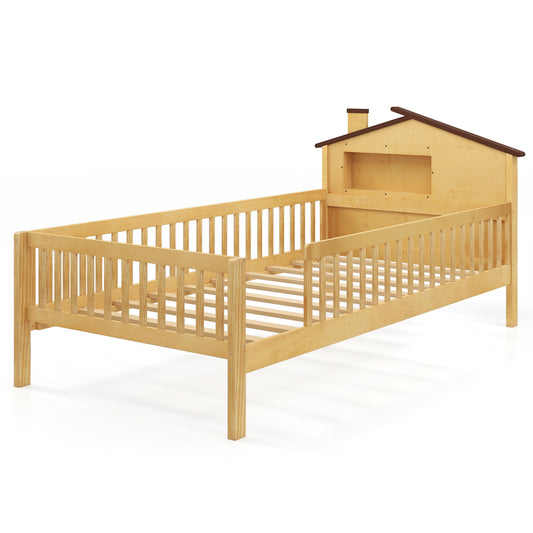 Twin Size Kids Montessori Bed with House-Shaped Headboard and Built-in Storage Shelf, Natural Simple Bed Frame Natural at Gallery Canada