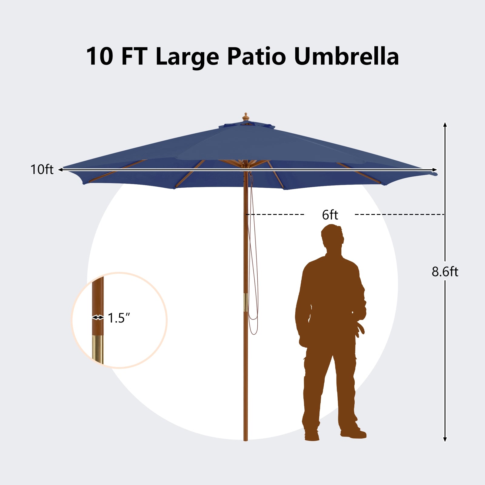 10 Feet Patio Umbrella, 8 Wooden Ribs, 3 Adjustable Heights, Navy Outdoor Umbrellas at Gallery Canada