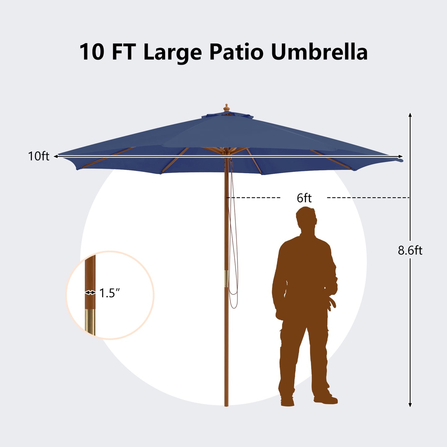 10 Feet Patio Umbrella, 8 Wooden Ribs, 3 Adjustable Heights, Navy Outdoor Umbrellas at Gallery Canada