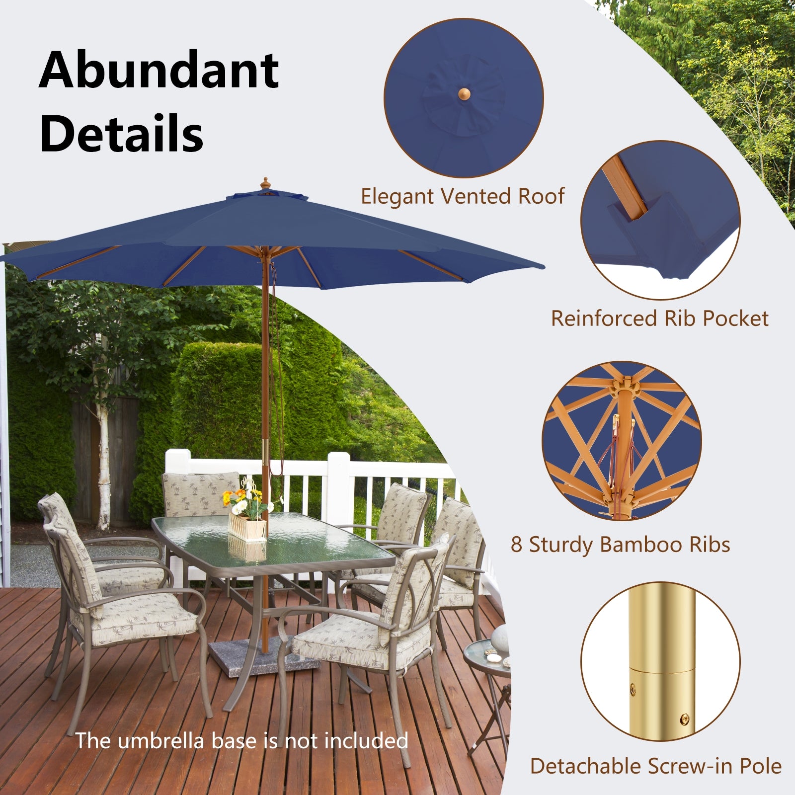 10 Feet Patio Umbrella, 8 Wooden Ribs, 3 Adjustable Heights, Navy Outdoor Umbrellas at Gallery Canada