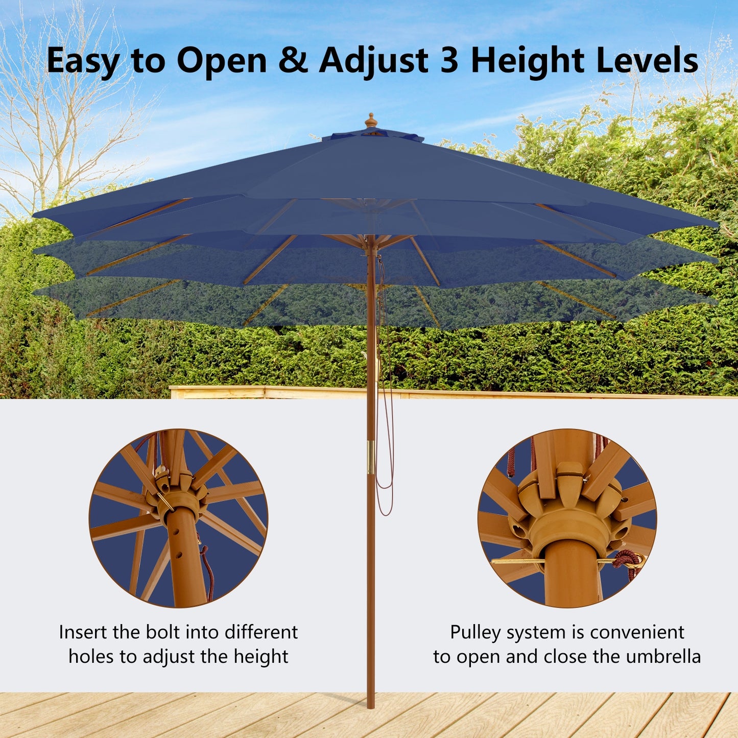 10 Feet Patio Umbrella, 8 Wooden Ribs, 3 Adjustable Heights, Navy Outdoor Umbrellas at Gallery Canada