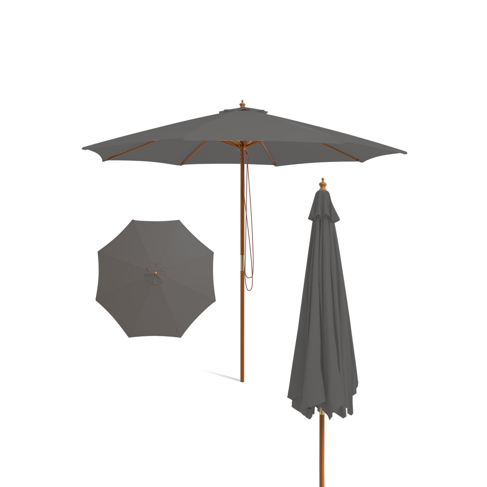 10 Feet Patio Umbrella with 8 Wooden Ribs and 3 Adjustable Heights, Gray Outdoor Umbrellas at Gallery Canada