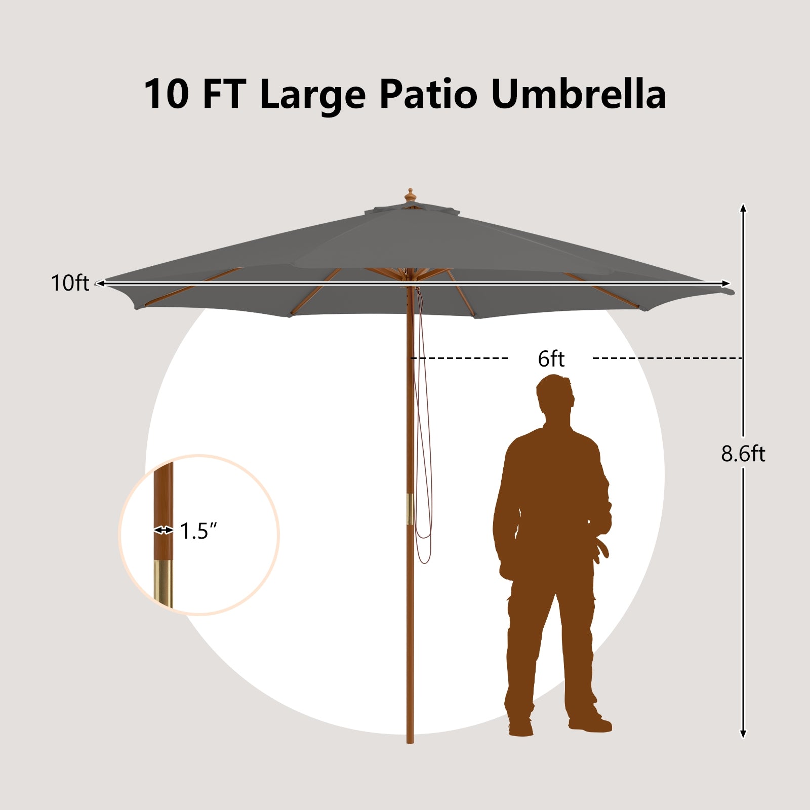 10 Feet Patio Umbrella with 8 Wooden Ribs and 3 Adjustable Heights, Gray Outdoor Umbrellas at Gallery Canada