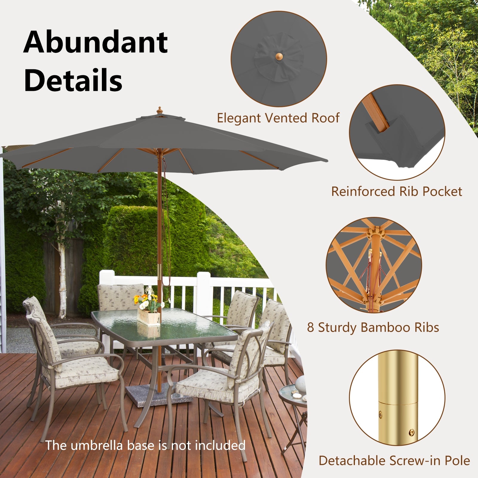 10 Feet Patio Umbrella with 8 Wooden Ribs and 3 Adjustable Heights, Gray Outdoor Umbrellas at Gallery Canada