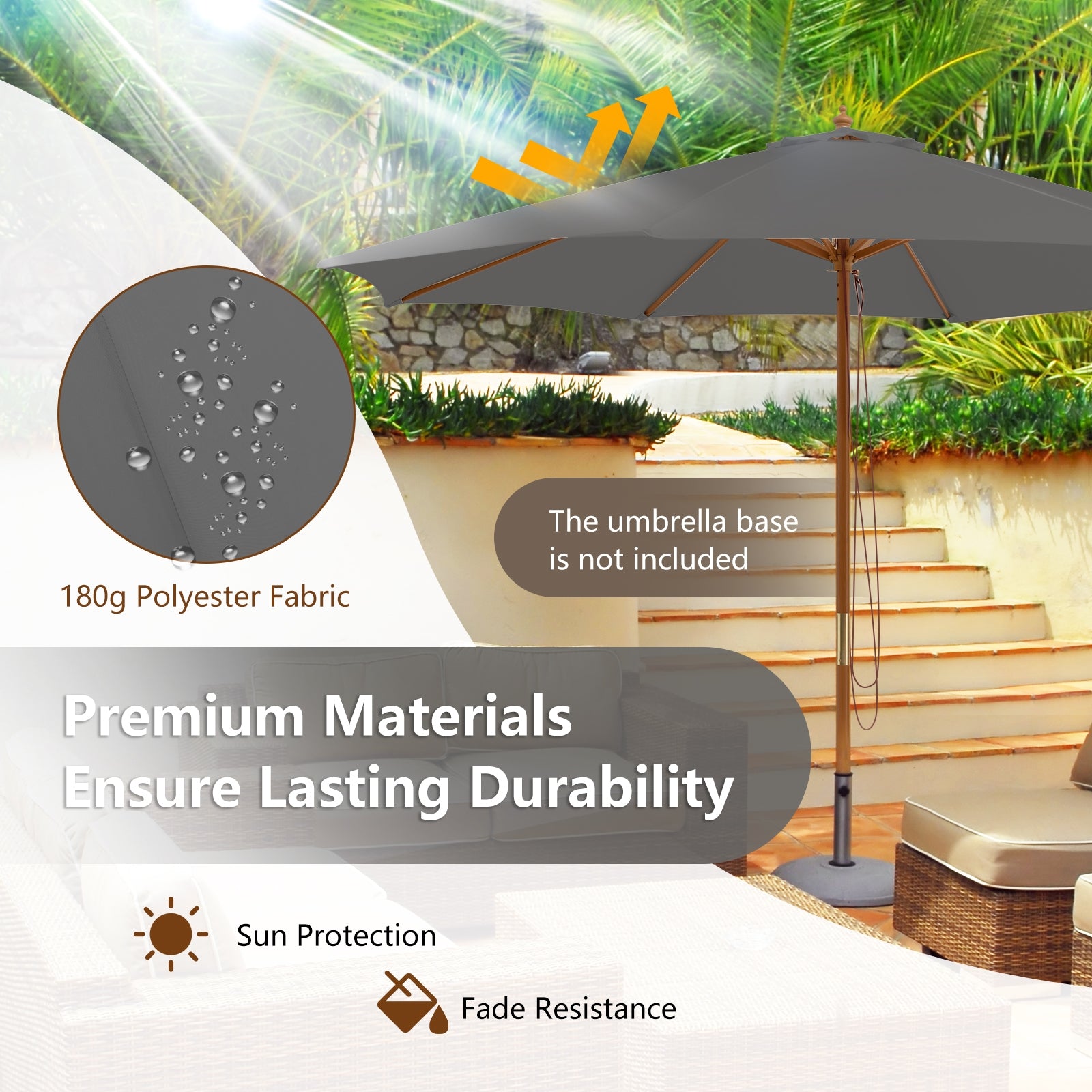 10 Feet Patio Umbrella with 8 Wooden Ribs and 3 Adjustable Heights, Gray Outdoor Umbrellas at Gallery Canada