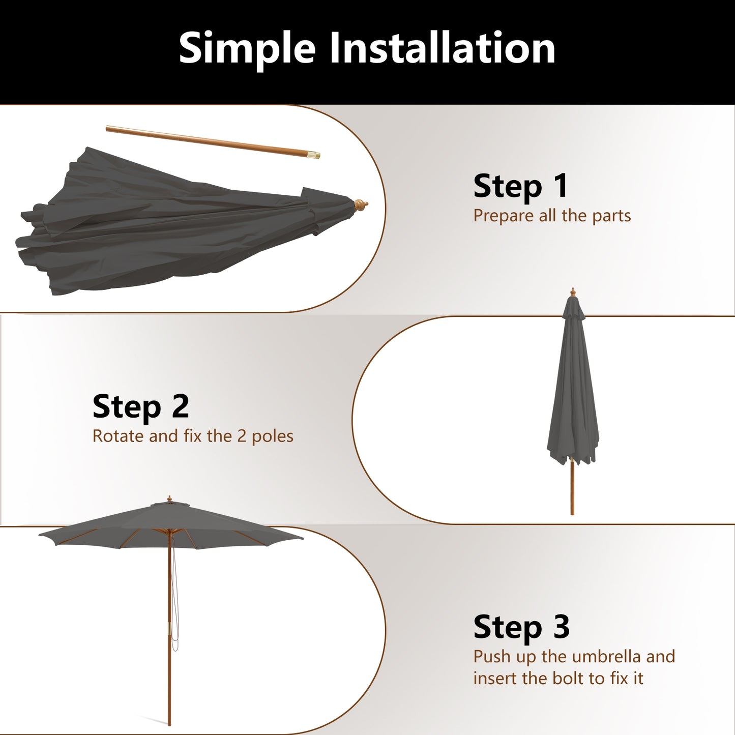 10 Feet Patio Umbrella with 8 Wooden Ribs and 3 Adjustable Heights, Gray Outdoor Umbrellas at Gallery Canada