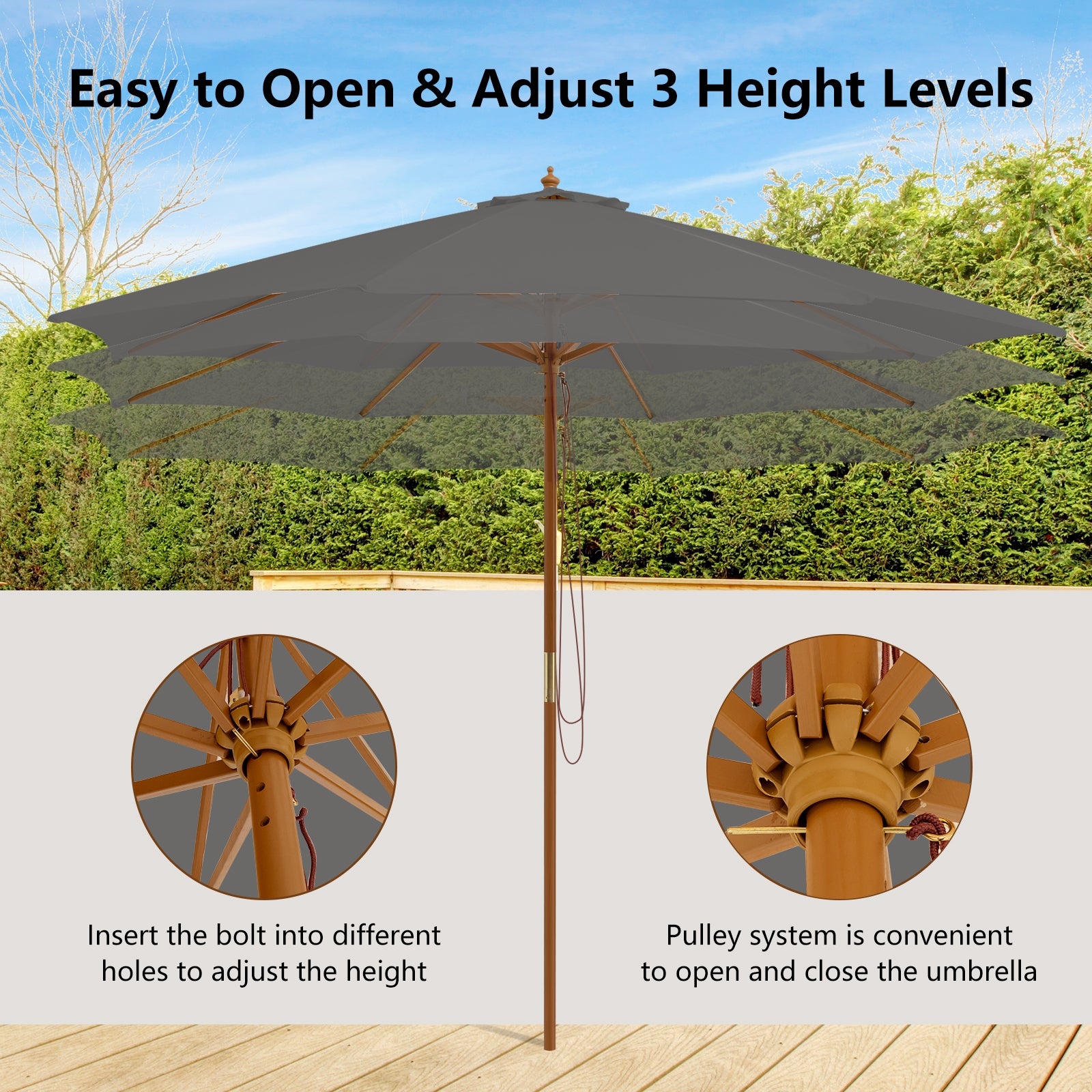10 Feet Patio Umbrella with 8 Wooden Ribs and 3 Adjustable Heights, Gray Outdoor Umbrellas at Gallery Canada