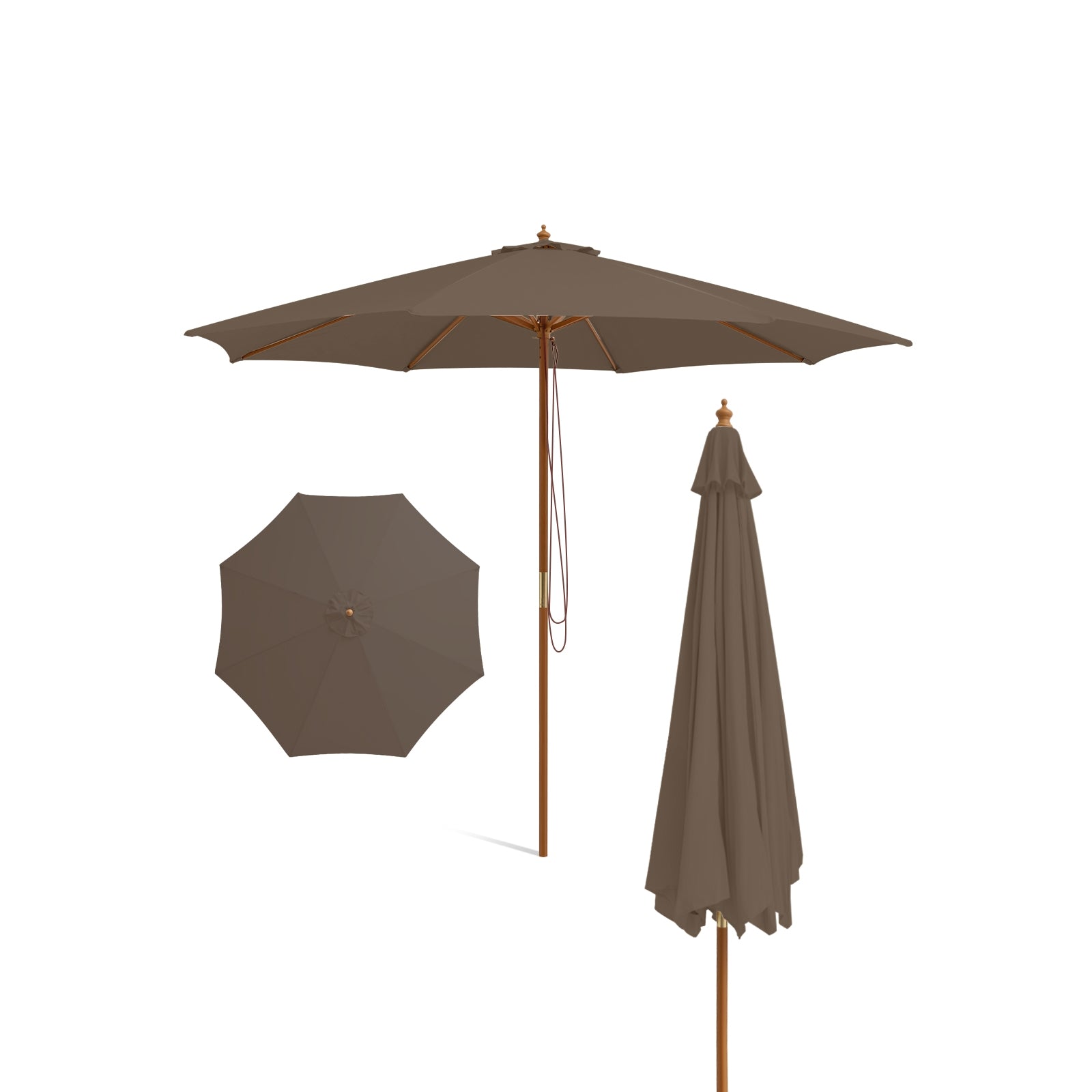 10 Feet Patio Umbrella with 8 Wooden Ribs and 3 Adjustable Heights, Brown Outdoor Umbrellas at Gallery Canada