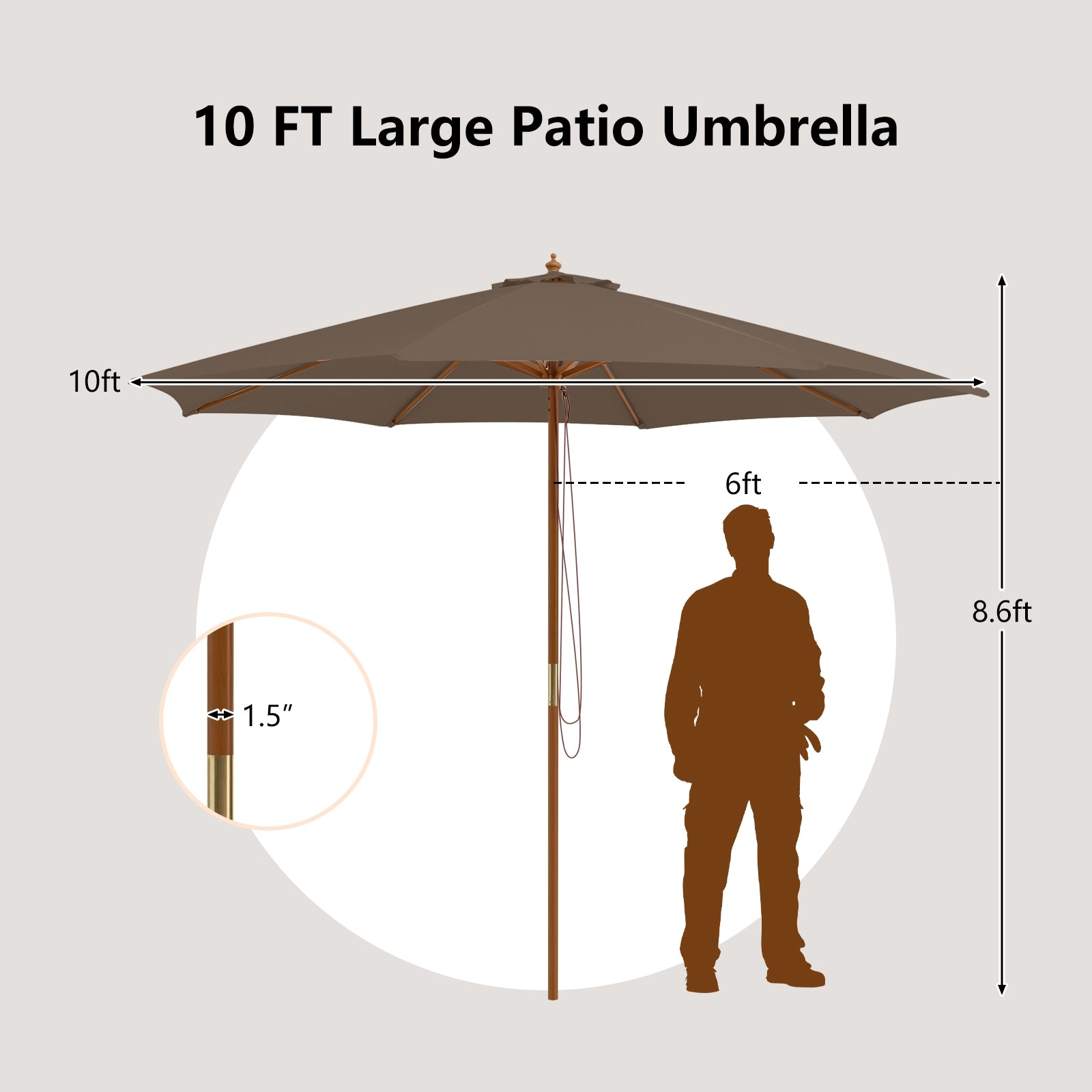10 Feet Patio Umbrella with 8 Wooden Ribs and 3 Adjustable Heights, Brown Outdoor Umbrellas at Gallery Canada