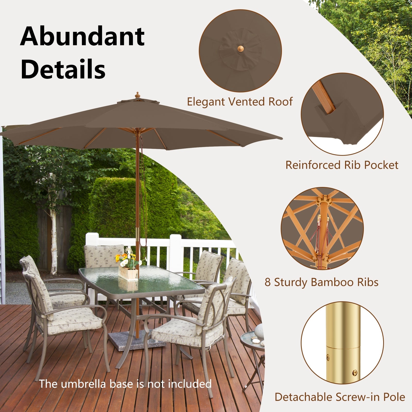 10 Feet Patio Umbrella with 8 Wooden Ribs and 3 Adjustable Heights, Brown Outdoor Umbrellas at Gallery Canada