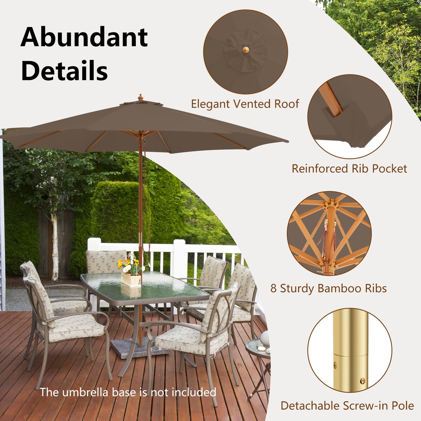 10 Feet Patio Umbrella with 8 Wooden Ribs and 3 Adjustable Heights, Brown Outdoor Umbrellas at Gallery Canada