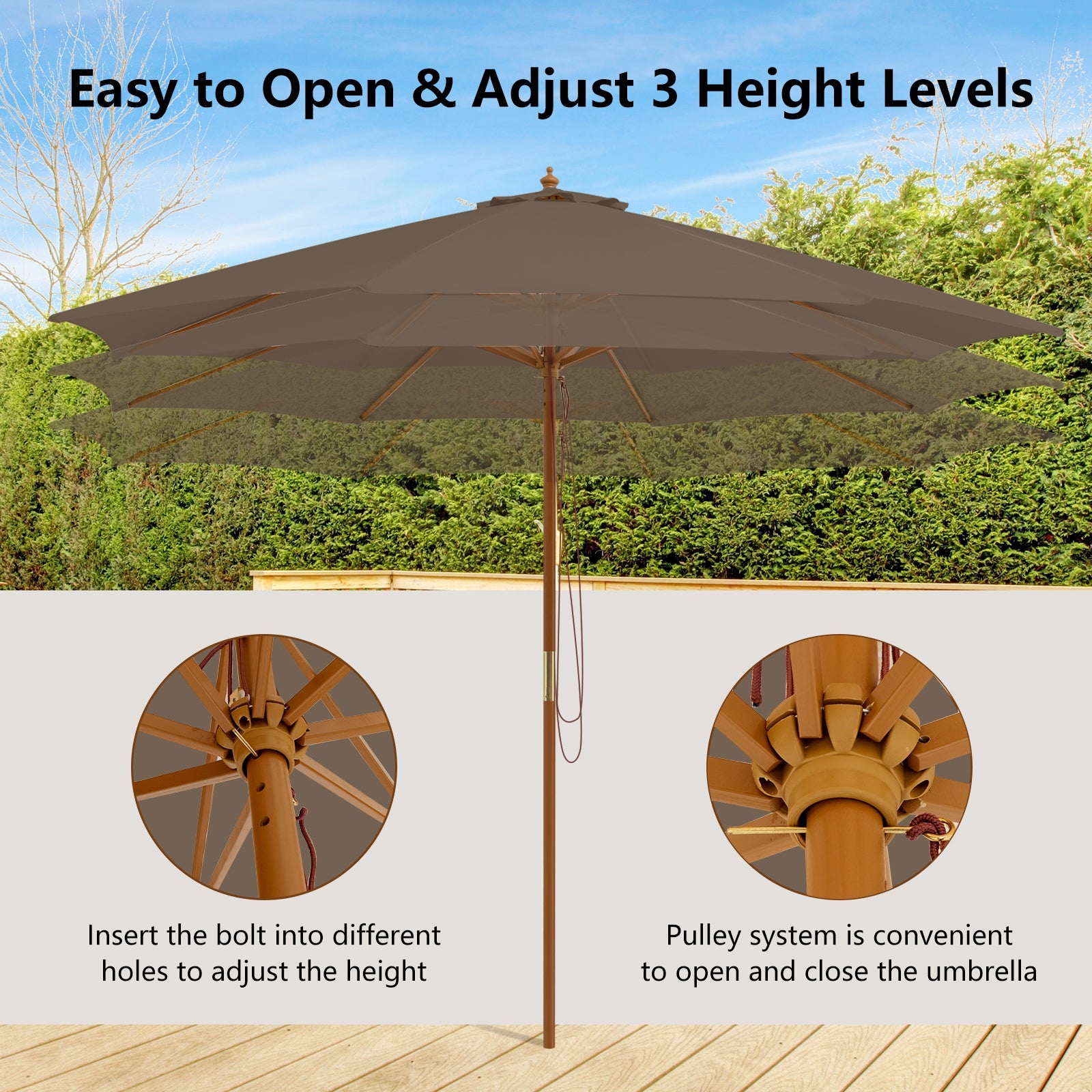 10 Feet Patio Umbrella with 8 Wooden Ribs and 3 Adjustable Heights, Brown Outdoor Umbrellas at Gallery Canada
