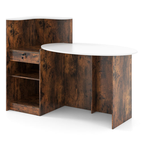 Modern Reception Desk, Oval Tabletop, Rustic Brown