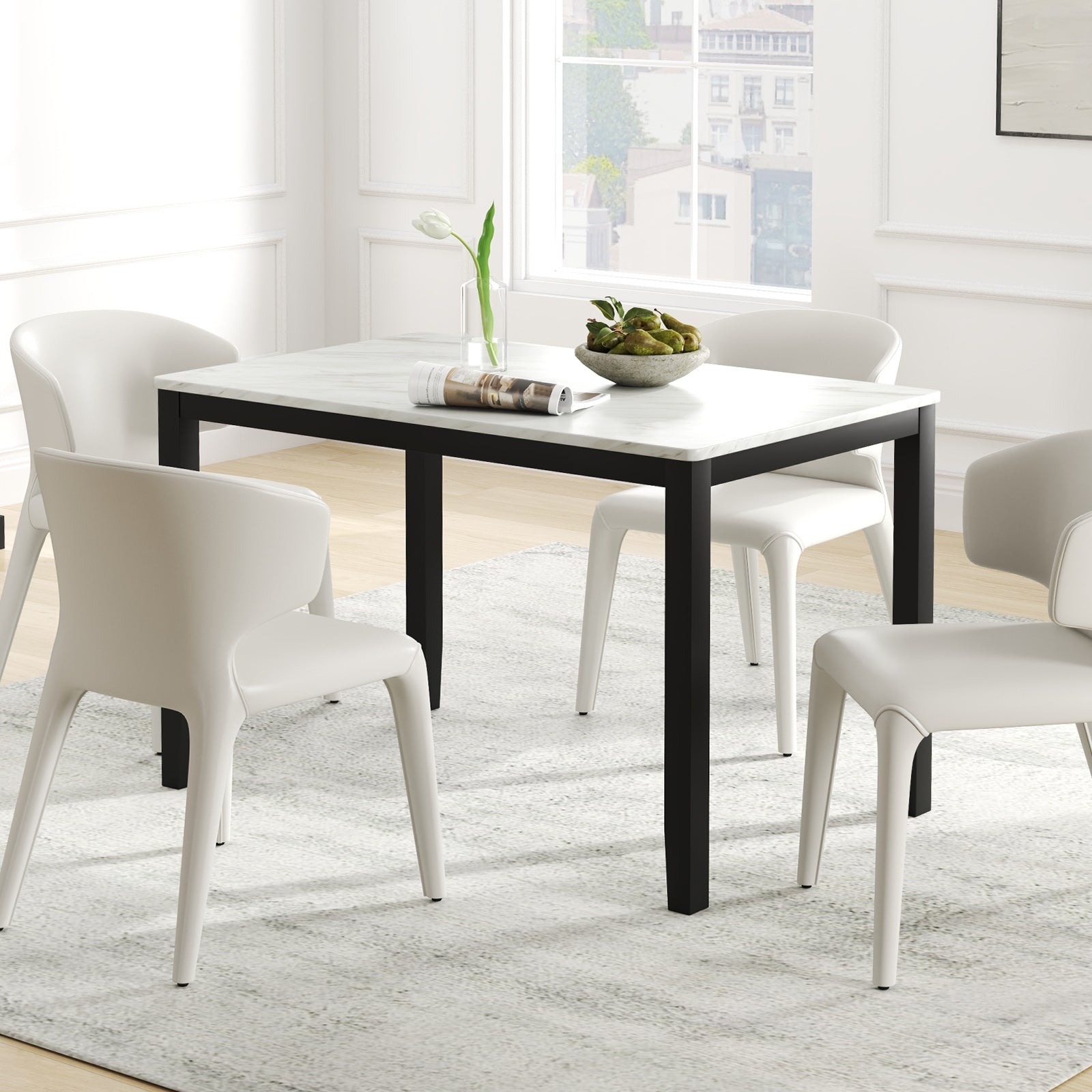 45 Inch Rectangular Mid Century Dining Table with Faux Marble Tabletop for 4 People, Black & White Dining Tables at Gallery Canada