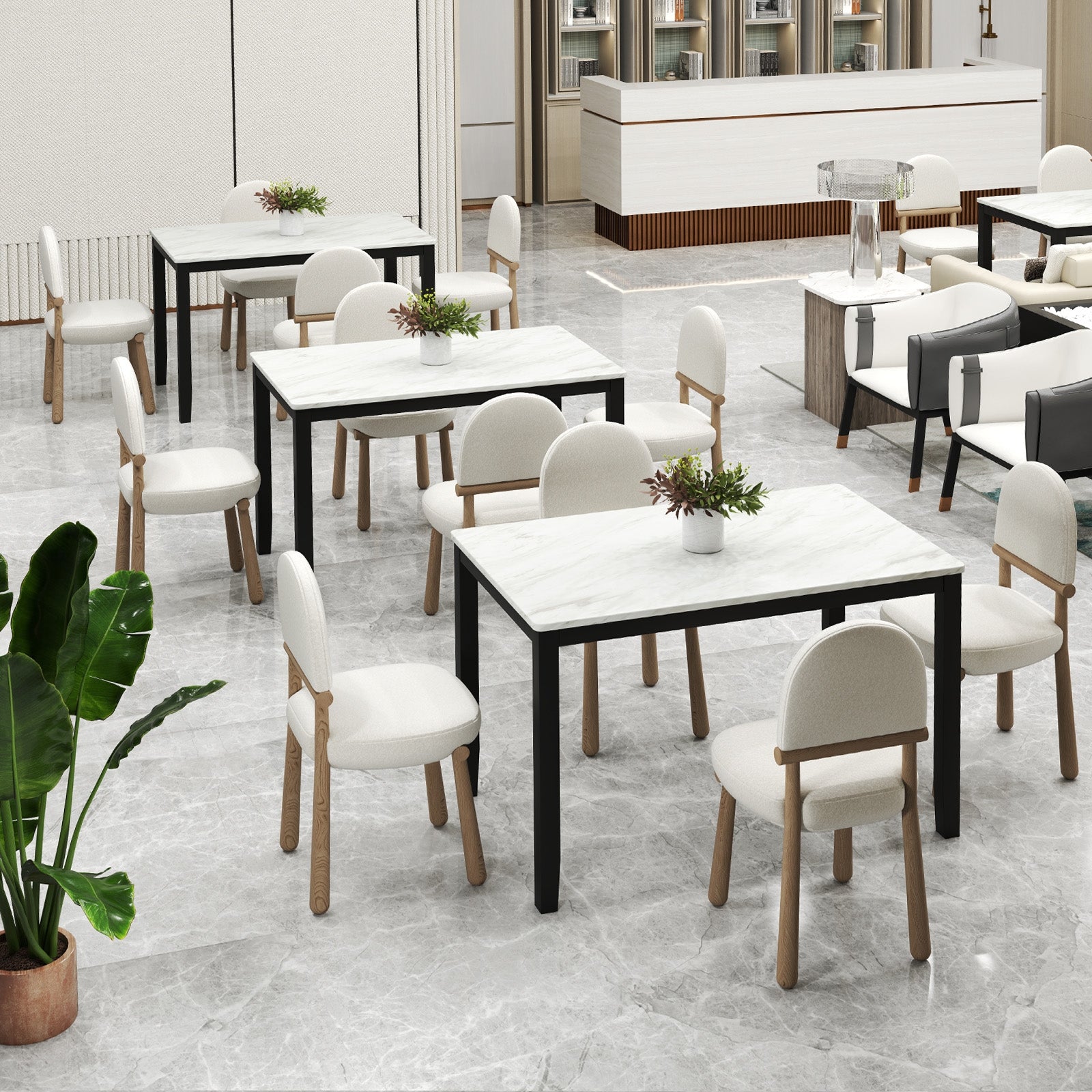 45 Inch Rectangular Mid Century Dining Table with Faux Marble Tabletop for 4 People, Black & White Dining Tables at Gallery Canada