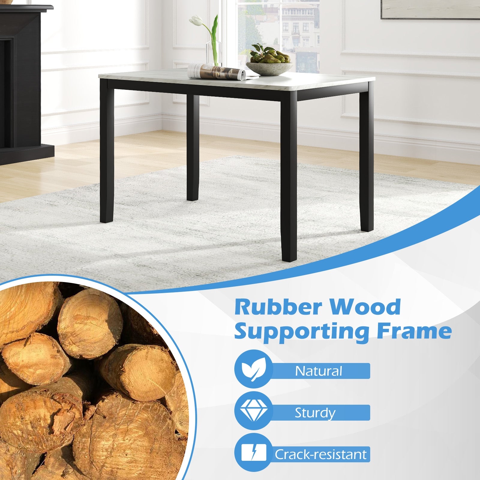 45 Inch Rectangular Mid Century Dining Table with Faux Marble Tabletop for 4 People, Black & White Dining Tables at Gallery Canada