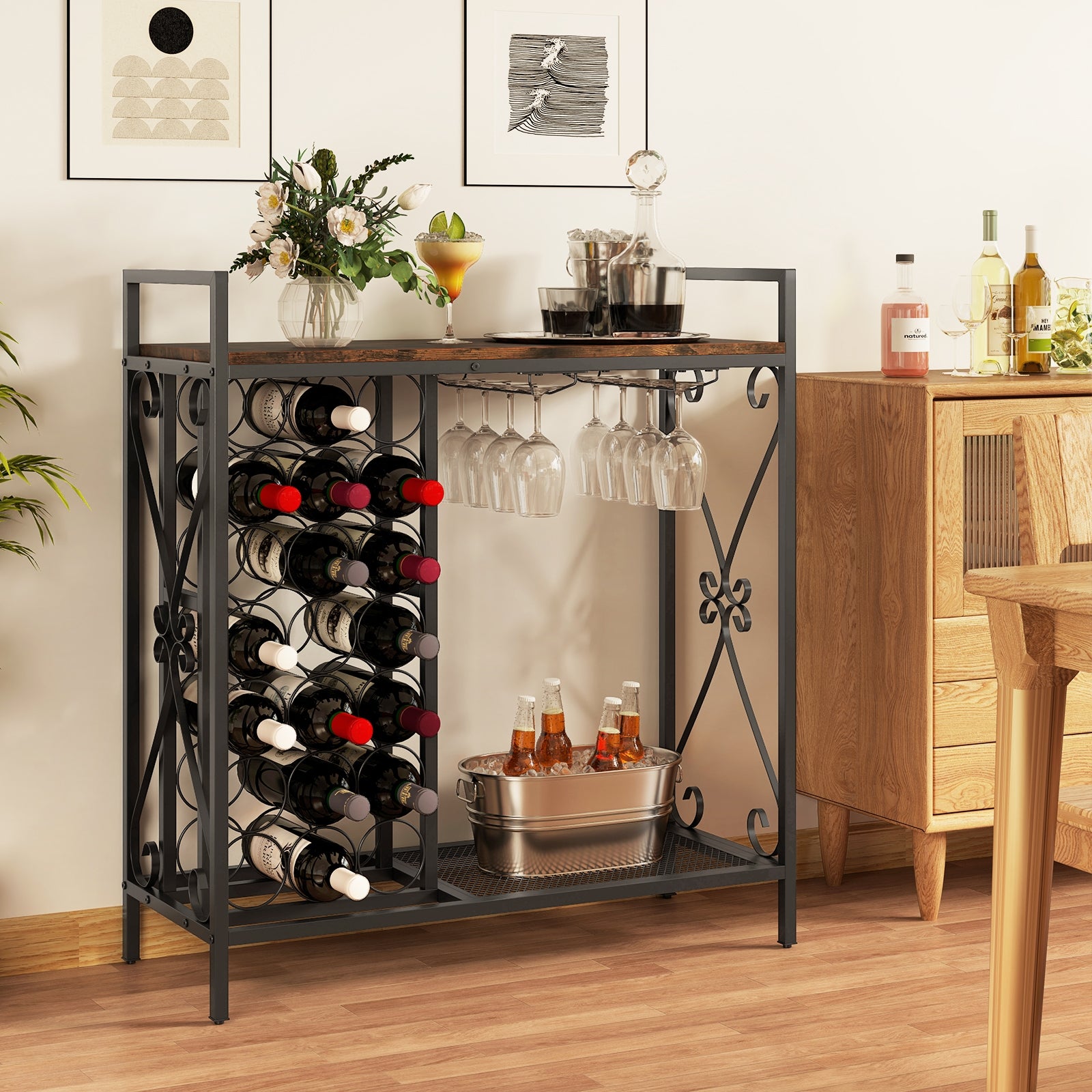 21 Bottle Wine Rack, Freestanding Floor Organizer, Rustic Brown Wine Racks at Gallery Canada