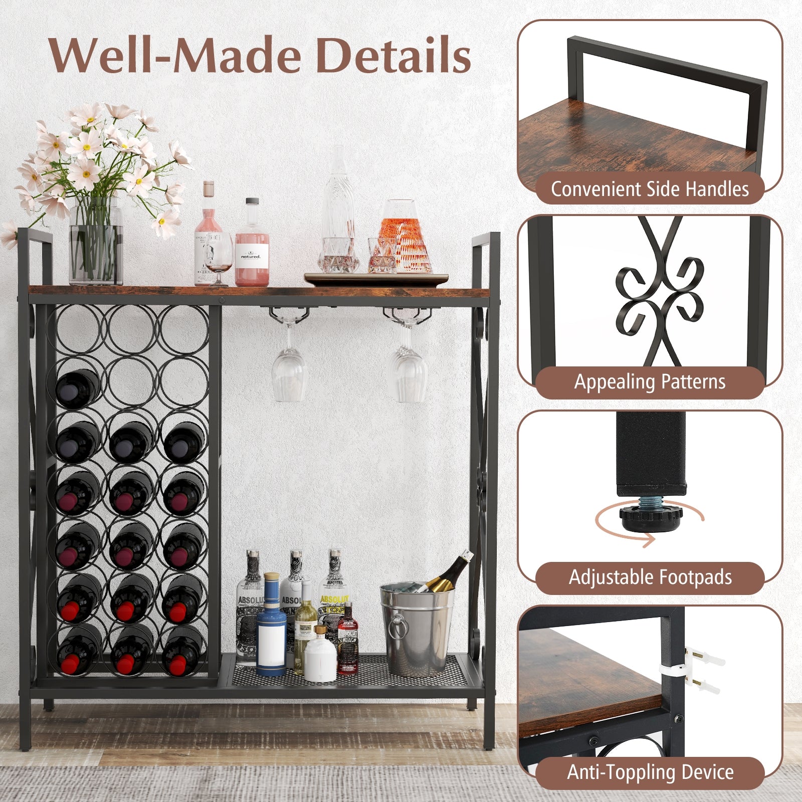 21 Bottle Wine Rack, Freestanding Floor Organizer, Rustic Brown Wine Racks at Gallery Canada