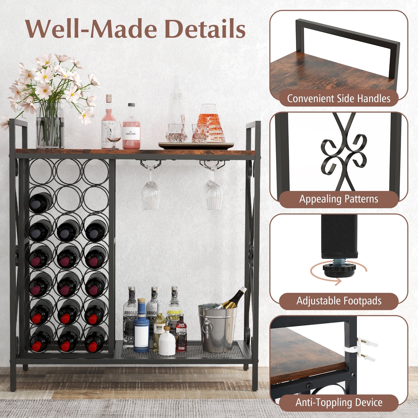 21 Bottle Wine Rack, Freestanding Floor Organizer, Rustic Brown Wine Racks at Gallery Canada