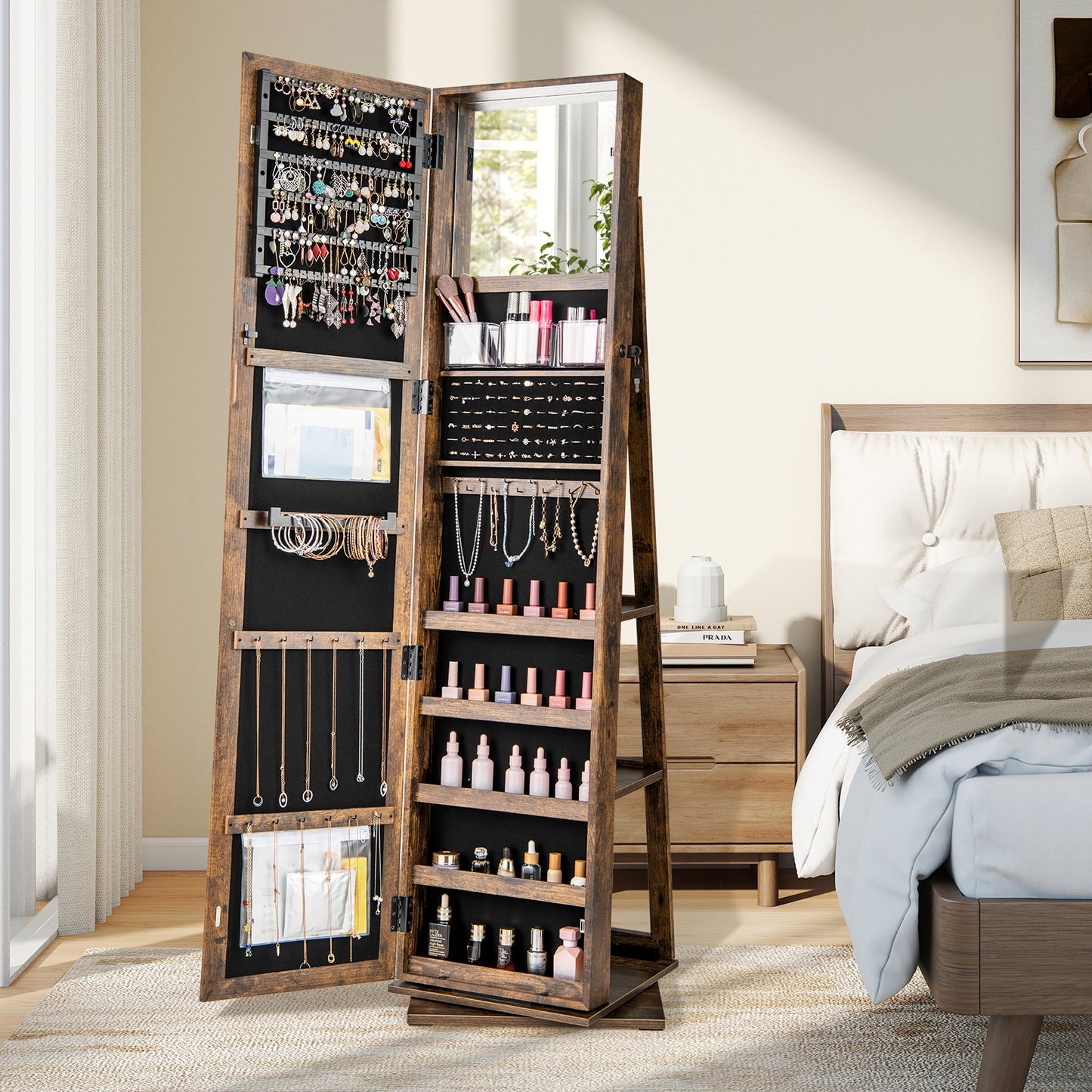 360° Swivel Jewelry Armoire Standing Jewelry Organizer with Full Length Mirror and Back Shelves, Rustic Brown Jewelry Armoires at Gallery Canada