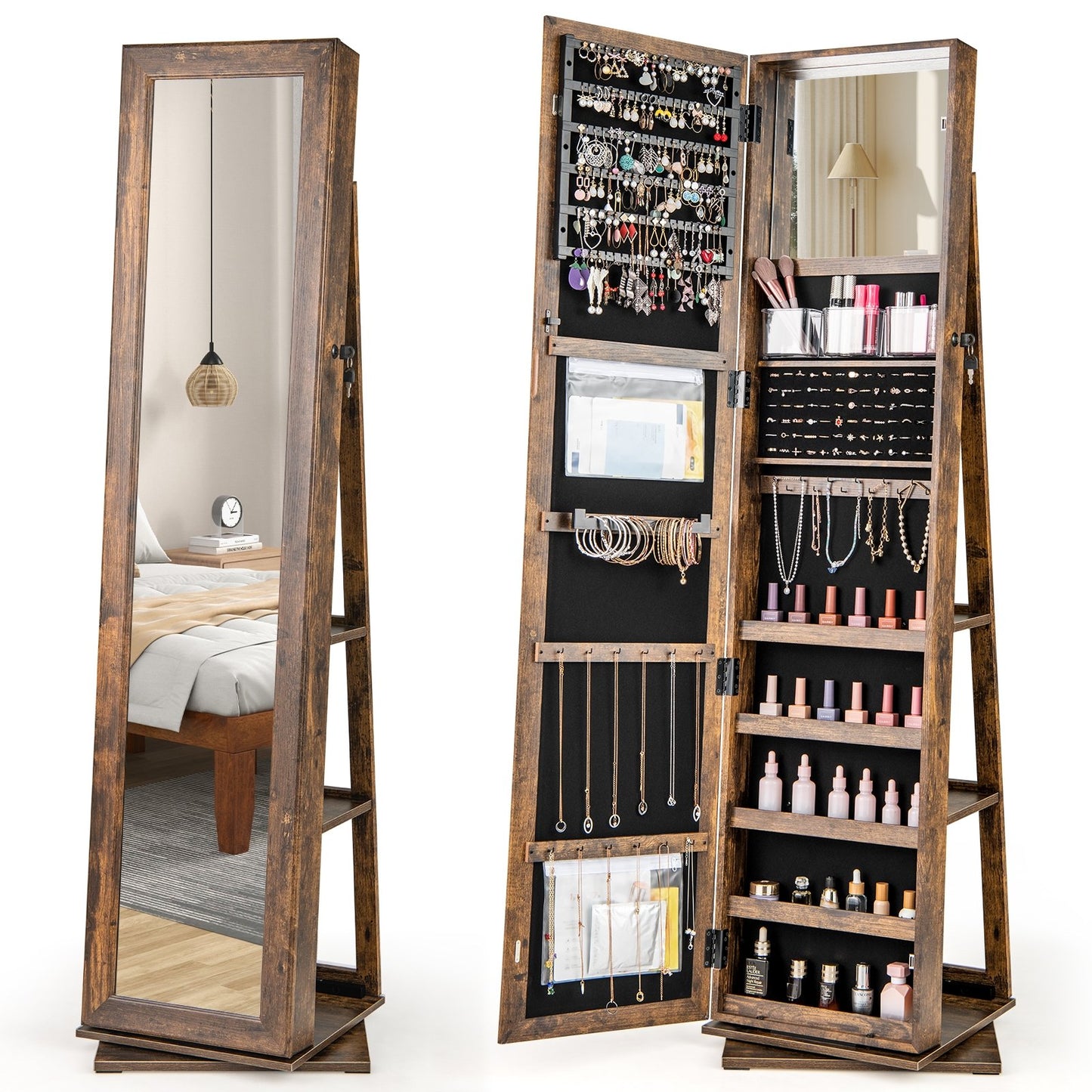 360° Swivel Jewelry Armoire Standing Jewelry Organizer with Full Length Mirror and Back Shelves, Rustic Brown Jewelry Armoires at Gallery Canada