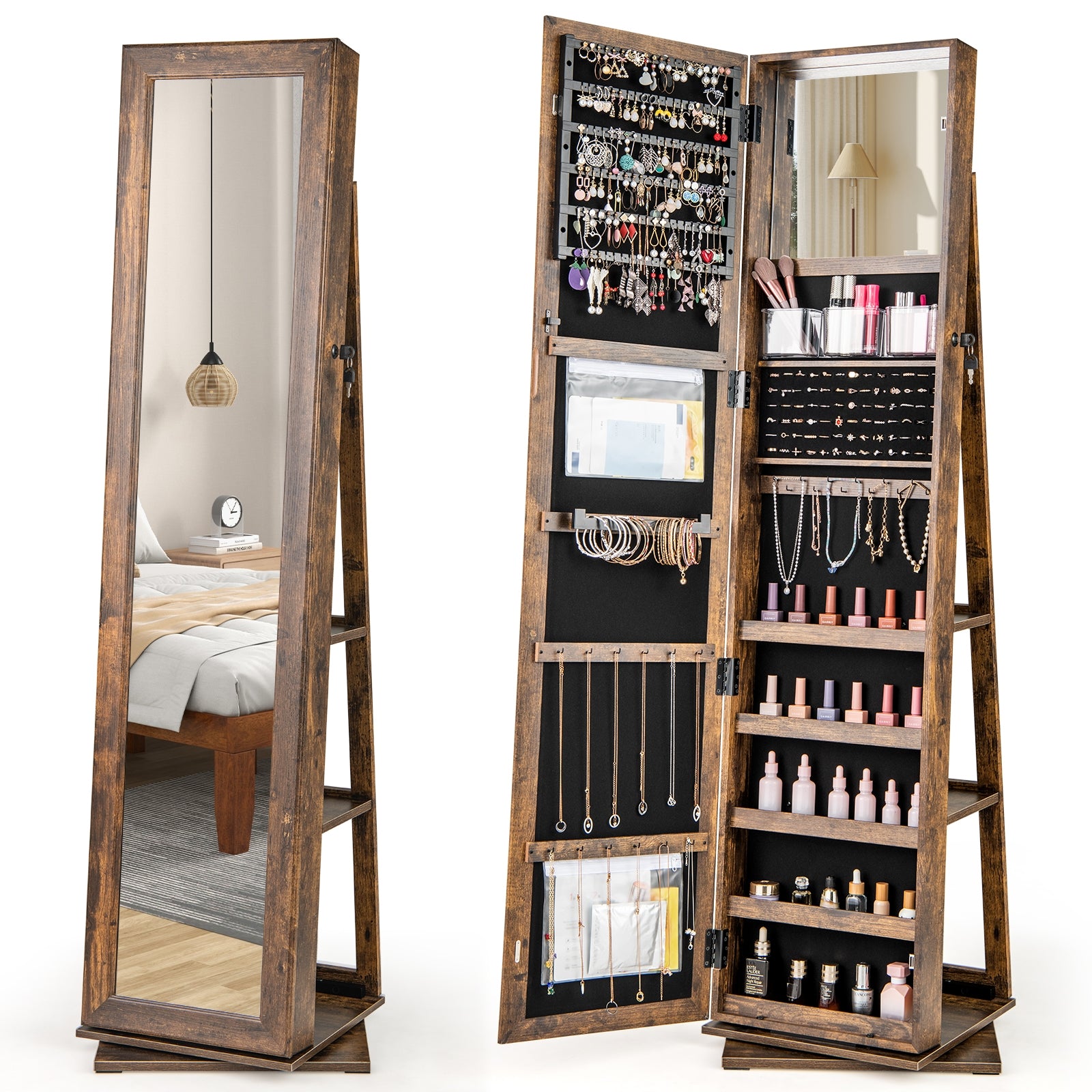 360° Swivel Jewelry Armoire, Full Length Mirror, Rustic Brown Jewelry Armoires Rustic Brown at Gallery Canada